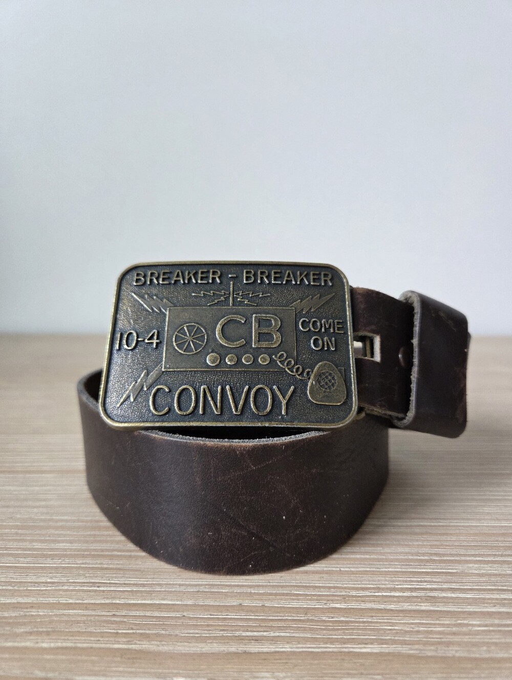 Vintage CB Convoy Leather Belt Featuring a Unique Breaker Breaker Radio Buckle